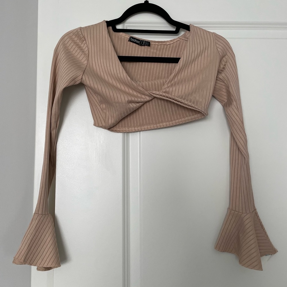 Boohoo Bell Sleeve Beige Twist Crop Top